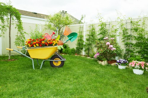 Low-maintenance landscaping in Elm Park with lawn, beds, and edging